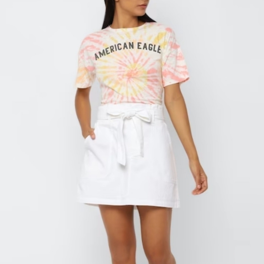 American Eagle White High Waisted Paperbag denim Mini Skirt white medium B1
